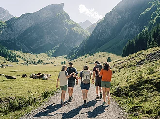 Eine Gruppe von Menschen auf einem Ausflug. Eine Gruppe von fünf Leuten wandern inmitten grüner Wiesen auf ein Alpenpanorama zu.
