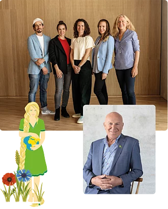 Collage des Familienunternehmens Rapunzel Naturkost mit Illustration. Bildcollage mit Geschäftsführung, Gesellschafterinnen und Gründer von Rapunzel Naturkost sowie einer Illustration mit Weltkugel.