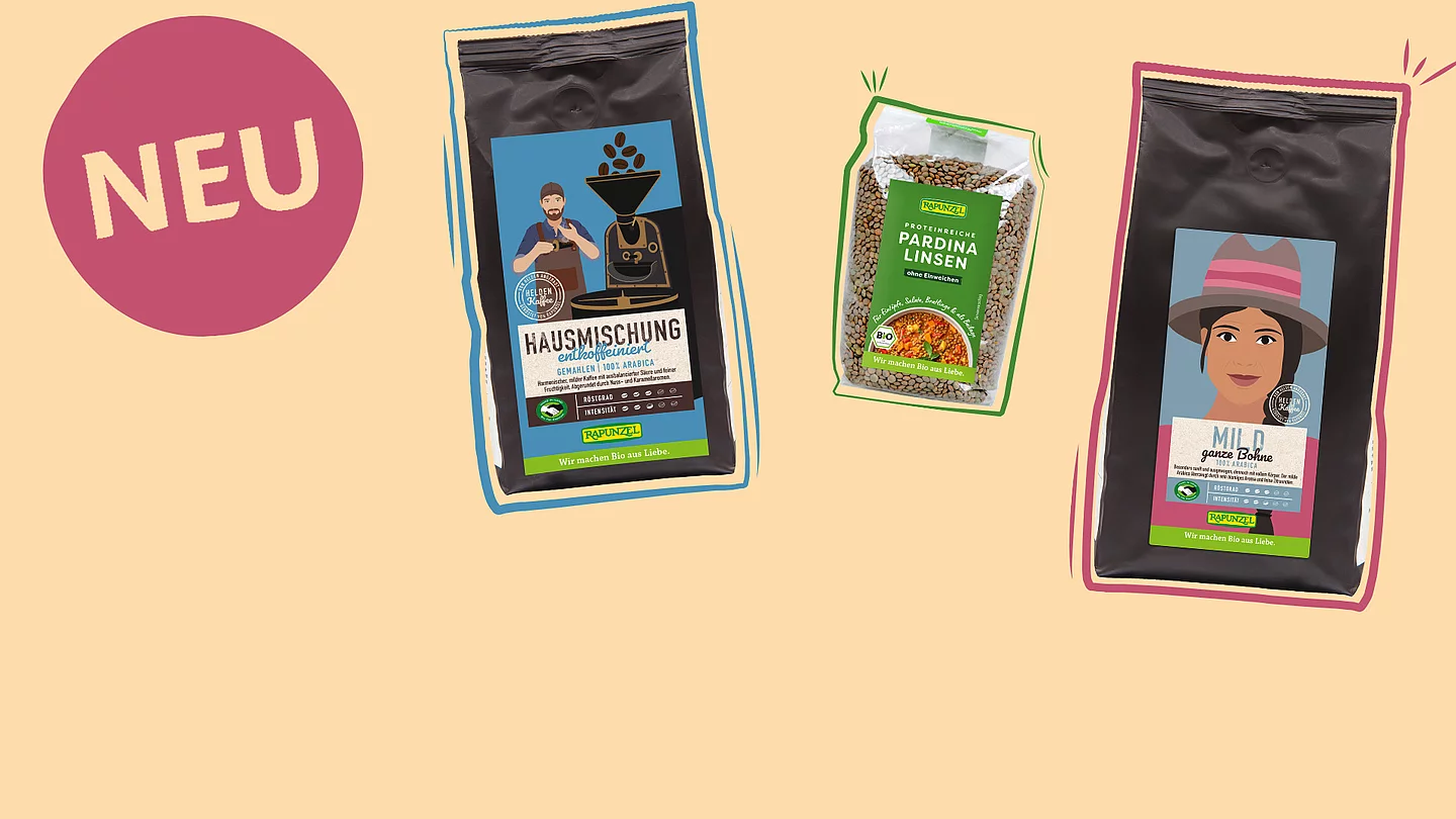 Rapunzel Neuprodukte März 2026 Rapunzel Produkte nebeneinander gereiht. Kaffee Hausmischung entkoffeiniert, Pardina Linsen und Kaffee Mild ganze Bohne.