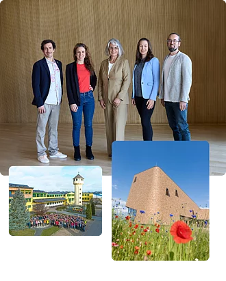 Rapunzel Geschäftsführung als Collage mit Turm und Rapunzel Welt Rapunzel Geschäftsführung, Rapunzel Turm und Rapunzel Welt – verantwortungsvolle Unternehmensführung, Symbol für Bio-Werte und Erlebniswelt rund um nachhaltige Lebensmittel und Fairen Handel