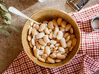 Weiße Riesenbohnen – Bio-Zutaten für kreative Gerichte hale mit weißen Riesenbohnen als Rohware, umgeben von weiteren Zutaten für ein Gericht – stimmungsvolle Food-Inszenierung