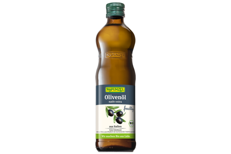 Rapunzel Olivenöl fruchtig, nativ extra aus Italien. Abbildung der Rapunzel Olivenöl Flasche fruchtig, nativ extra.