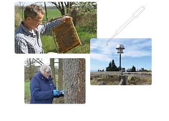 Collage Pestizide verbreiten sich über die Luft Eine Collage bestehend aus 3 Bildern, auf denen Mitarbeiter des Umweltinstituts München Pestizid-Proben aus der Luft über eigens entwickelte Messgeräte entnehmen.