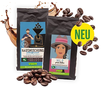 Neuprodukt Rapunzel Kaffee entkoffeiniert und Kaffee mild. Zwei verschiedene Kaffeepackungen. Eine Packung mit Kaffee mild und eine Kaffee Hausmischung entkoffeiniert. Außenrum sind Kaffeebohnen zu sehen.