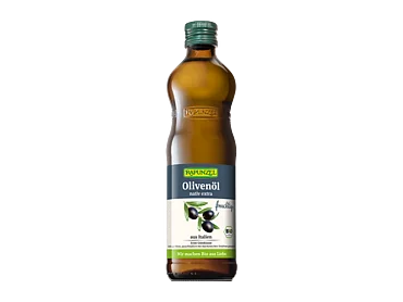 Rapunzel Olivenöl fruchtig, nativ extra aus Italien. Abbildung der Rapunzel Olivenöl Flasche fruchtig, nativ extra.