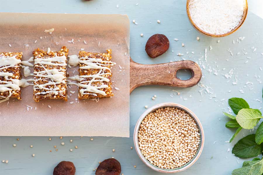 Apricot coconut bars with quinoa and white chocolate