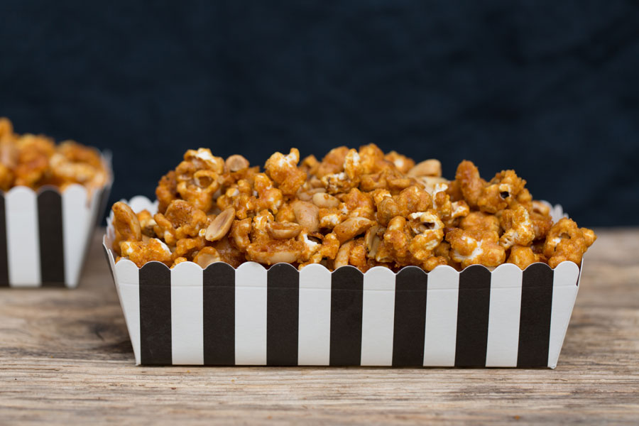 Toffee flavor popcorn with peanuts, vegan